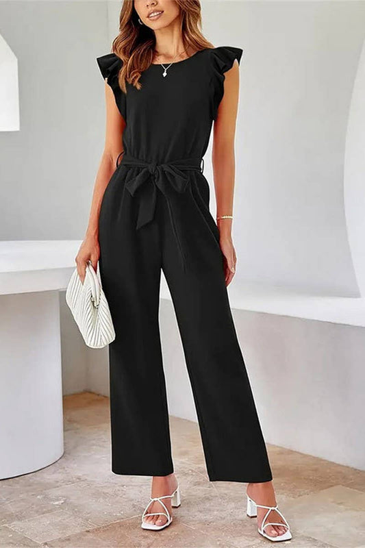 CWSBSS0061_LOTUS LEAF FLYING SLEEVE WAIST TIE CASUAL JUMPSUI