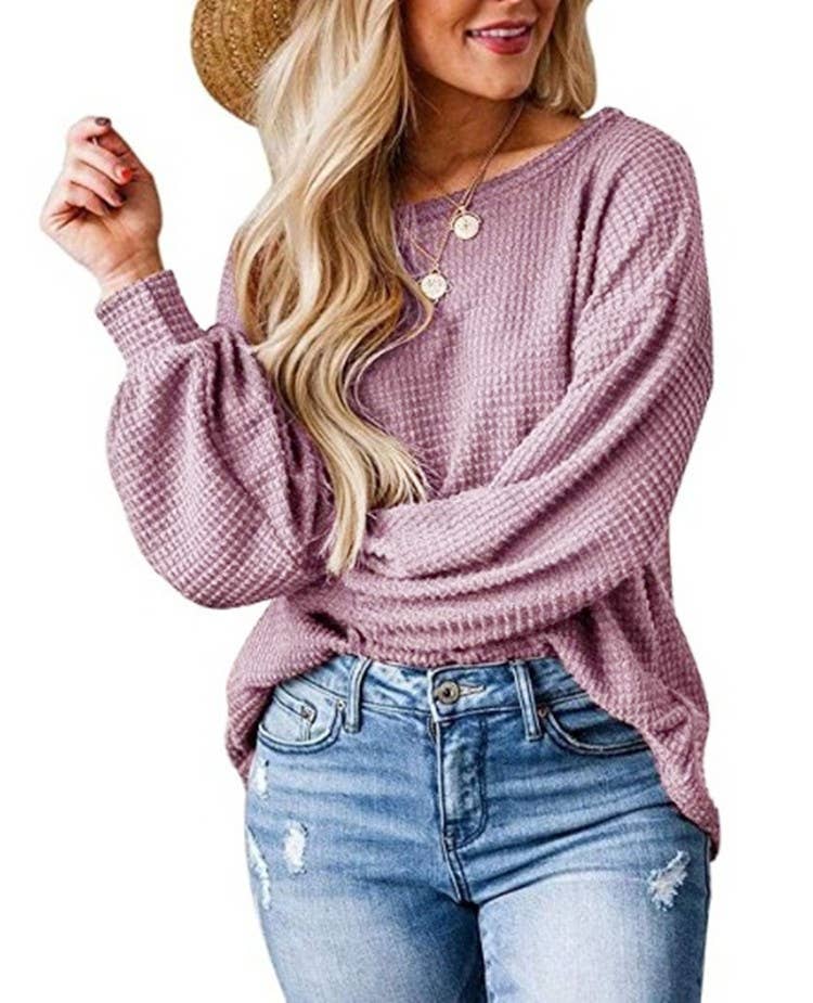 CWTTL1206_Long Sleeve Round Neck Knitted Loose Pullover Top