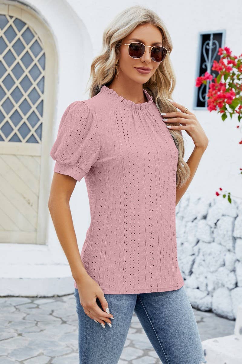 CWTSTS0364_PUFFY SLEEVE LOOSE HOLLOW-OUT PLEATED T SHIRT