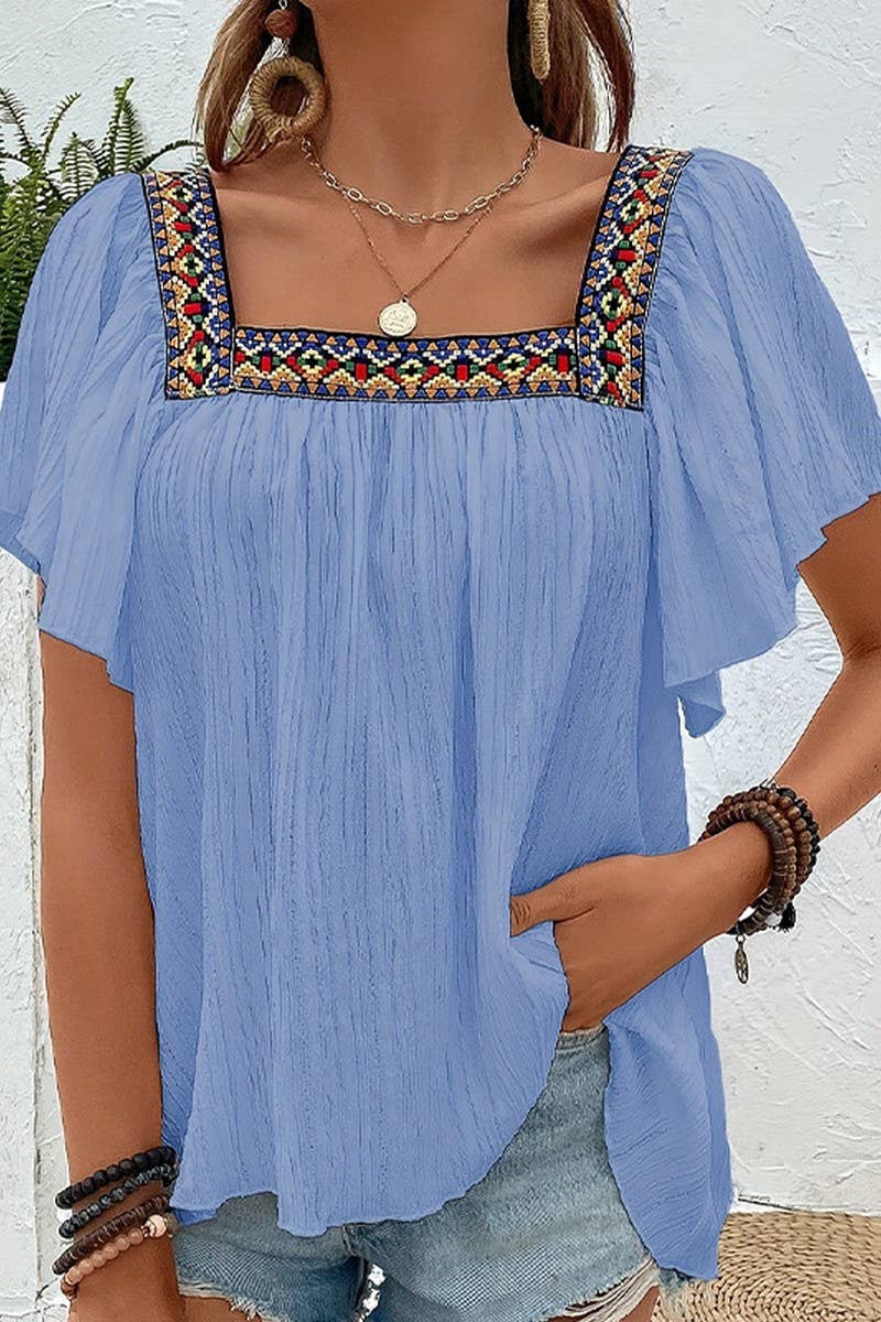 CWTBLS2011_EMBROIDERED LACE RUFFLE SLEEVE BACKLESS BLOUSE