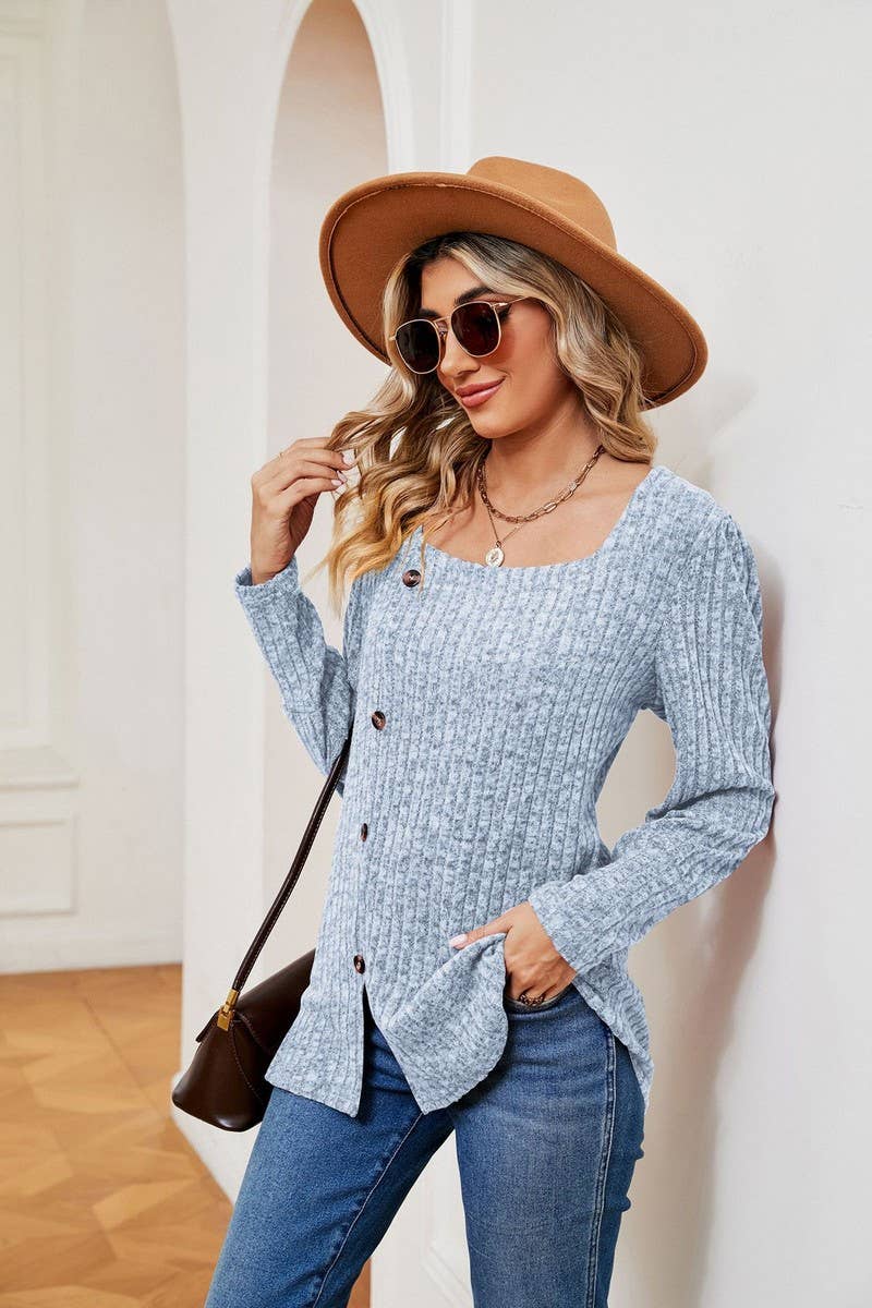 CWTBLL2372_SQUARE COLLAR BUTTON-DOWN LONG SLEEVE LOOSE TOP