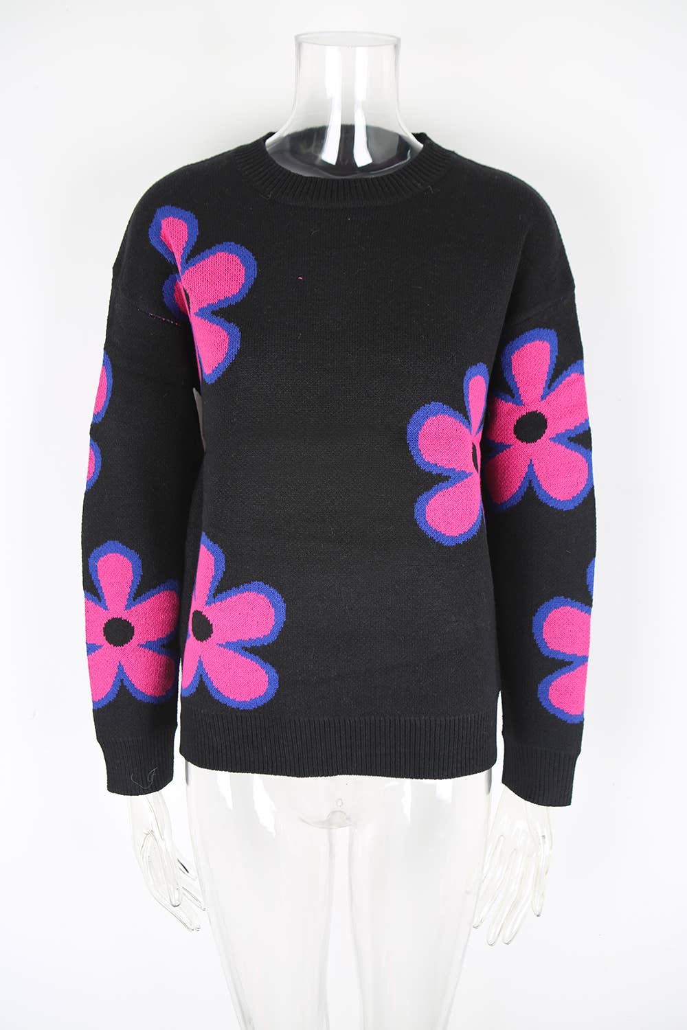 Contrast color flower jacquard loose sweater