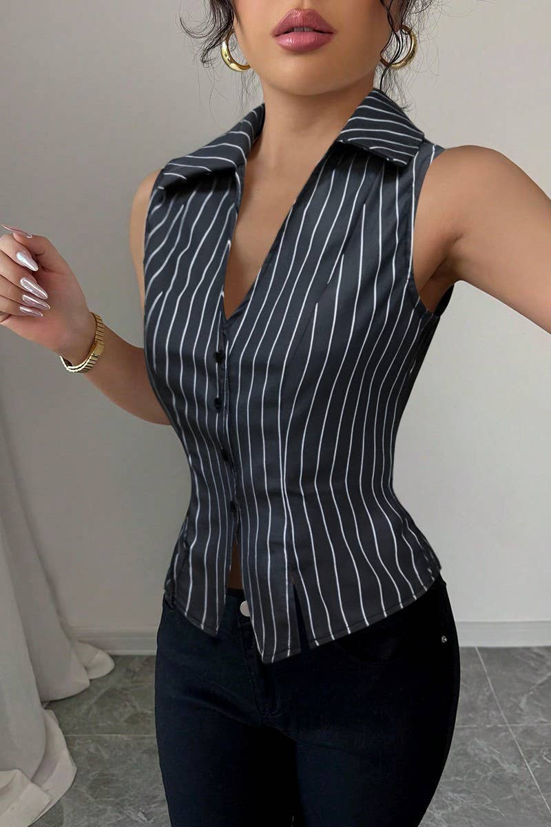 CWTBLSL0953_SUMMER TEMPERAMENT STRIPED SLEEVELESS SLIM SHIRT
