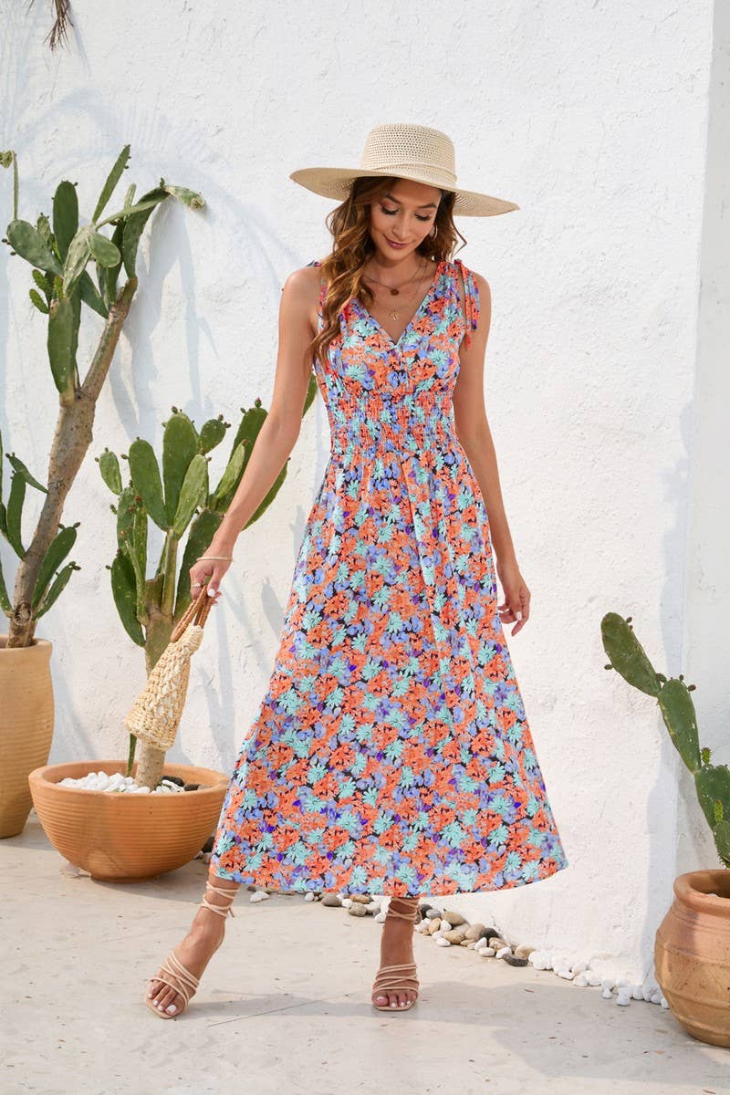 CWDMD2143_FLORAL PRINT WAISTLINE V-NECK HALTER DRESS