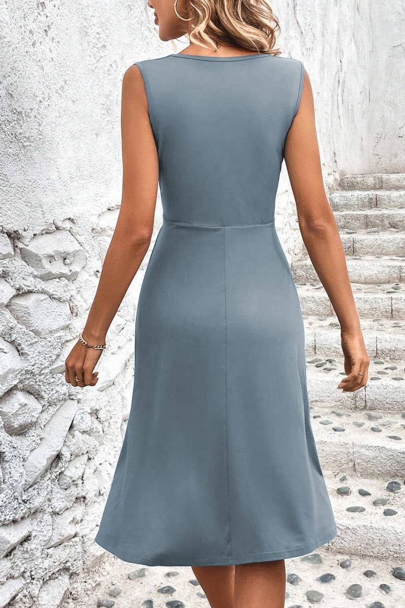 CWDMD4649_V-NECK WAIST CROSS PLEATED SLEEVELESS DRESS