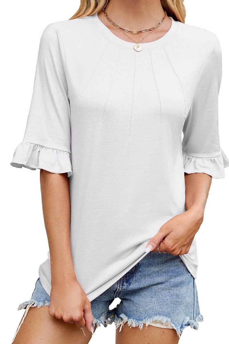 CWTTS1329_SUMMER NEW ROUND NECK LOTUS LEAF SLEEVES T-SHIRT