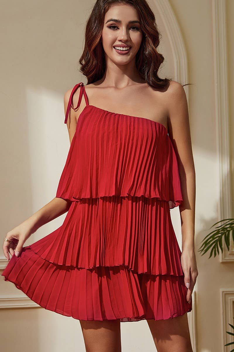 CWDSD10682_ONE SHOULDER LAYERED HEM SOLID COLOR DRESS