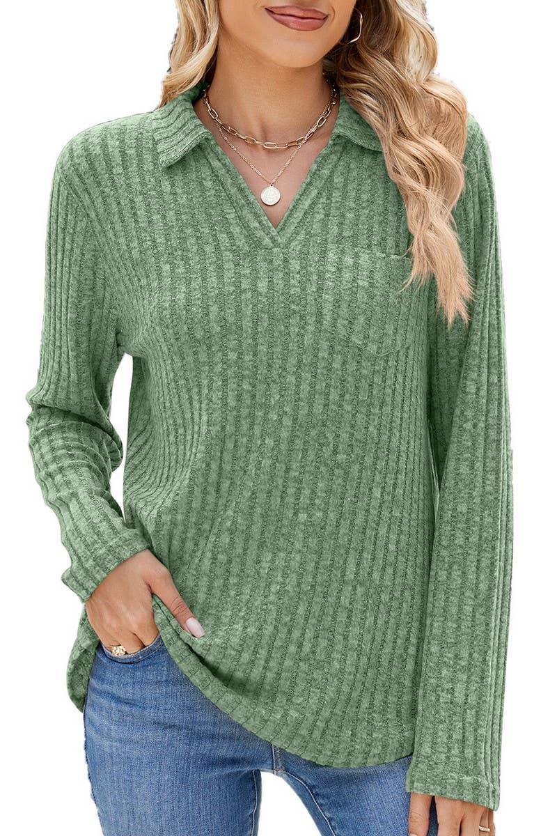 CWTBLL2329_SOLID COLOR LAPEL POCKET LONG SLEEVE LOOSE TOP