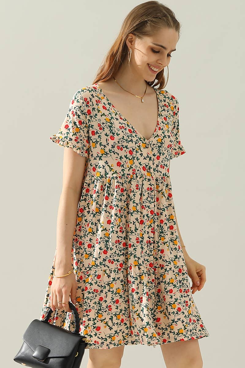 CWDSD10410_V NECK BUTTON DOWN WITH RUFFLE SLEEVE DRESS
