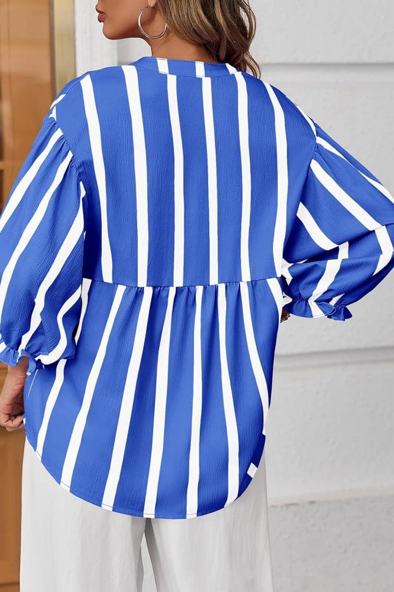 CWTBLL01203_2025 SUMMER FALL STRIPED PUFF SLEEVE BLOUSE