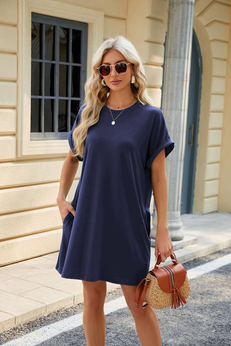 CWDSD4078_SOLID COLOR CREW NECK POCKET SHORT SLEEVE DRESS