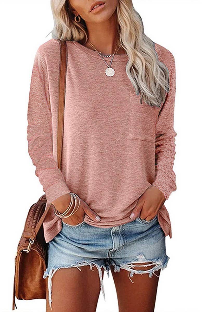 CWTBLL3692_ROUND NECK LONG SLEEVE CASUAL LOOSE BOTTOMING TOP