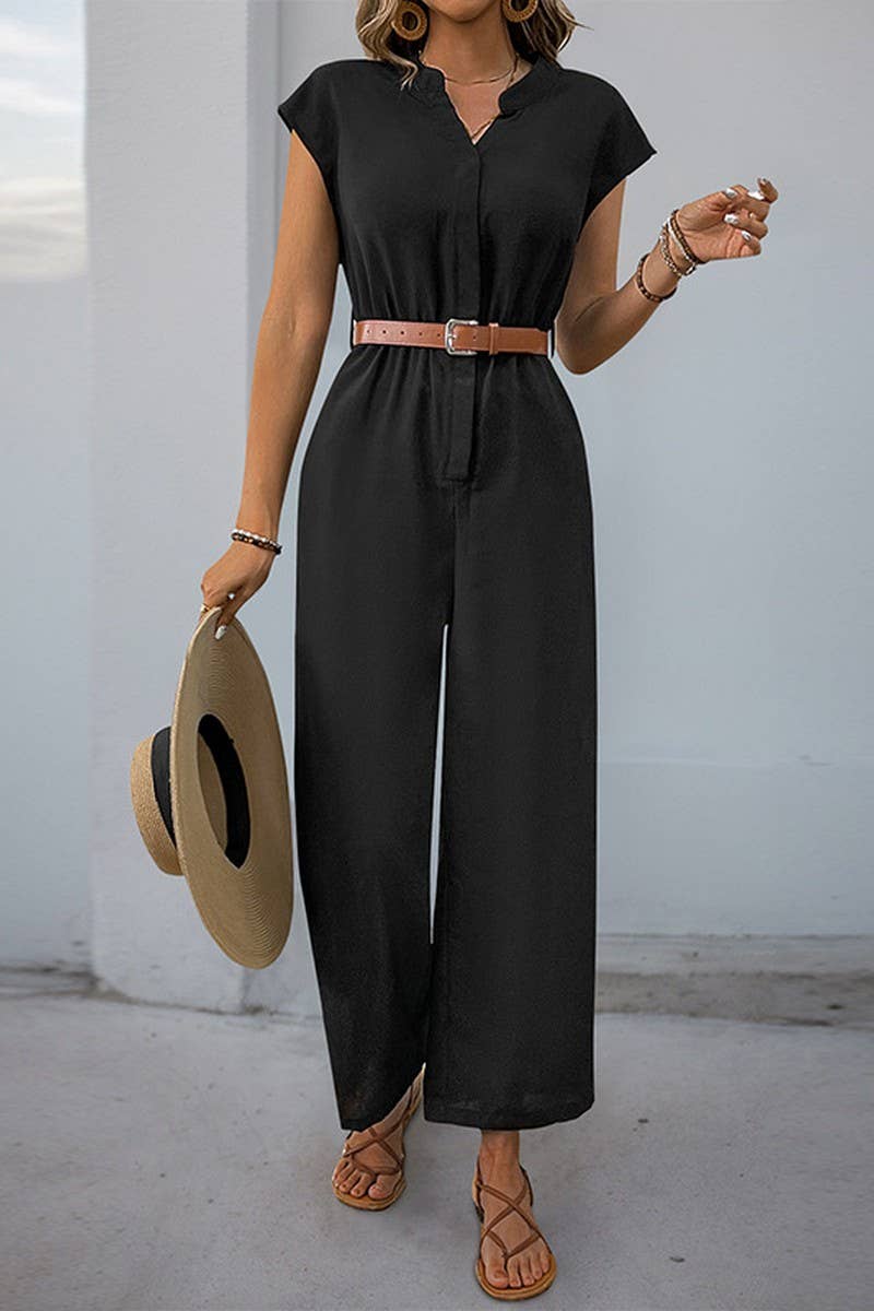 CWSJS1326_SOLID COLOR SMALL STAND COLLAR STRAIGHT JUMPSUIT