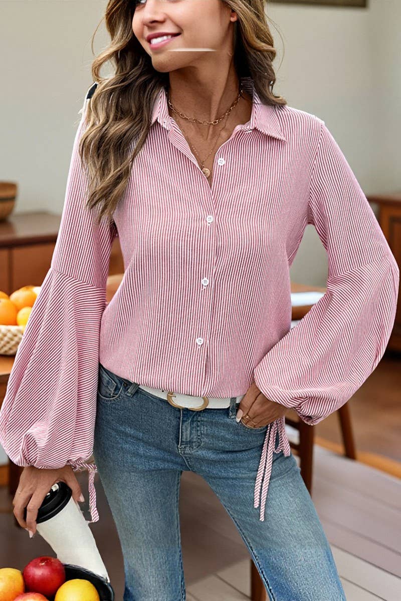 CWTSTL00964_STRIPED PATCHWORK LANTERN SLEEVE BLOUSE