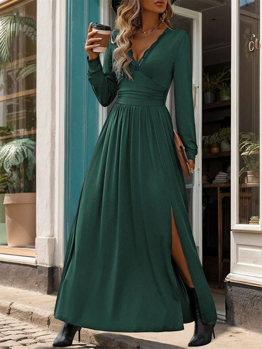 DEEP V-NECK SOLID SLIT LONG SLEEVE WAIST DRESS
