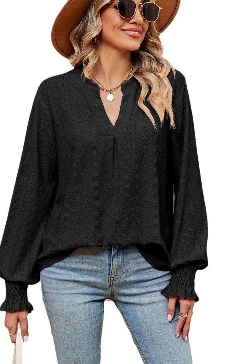 CWTBLL2377_SOLID COLOR V-NECK LOOSE LONG-SLEEVED PULLOVER