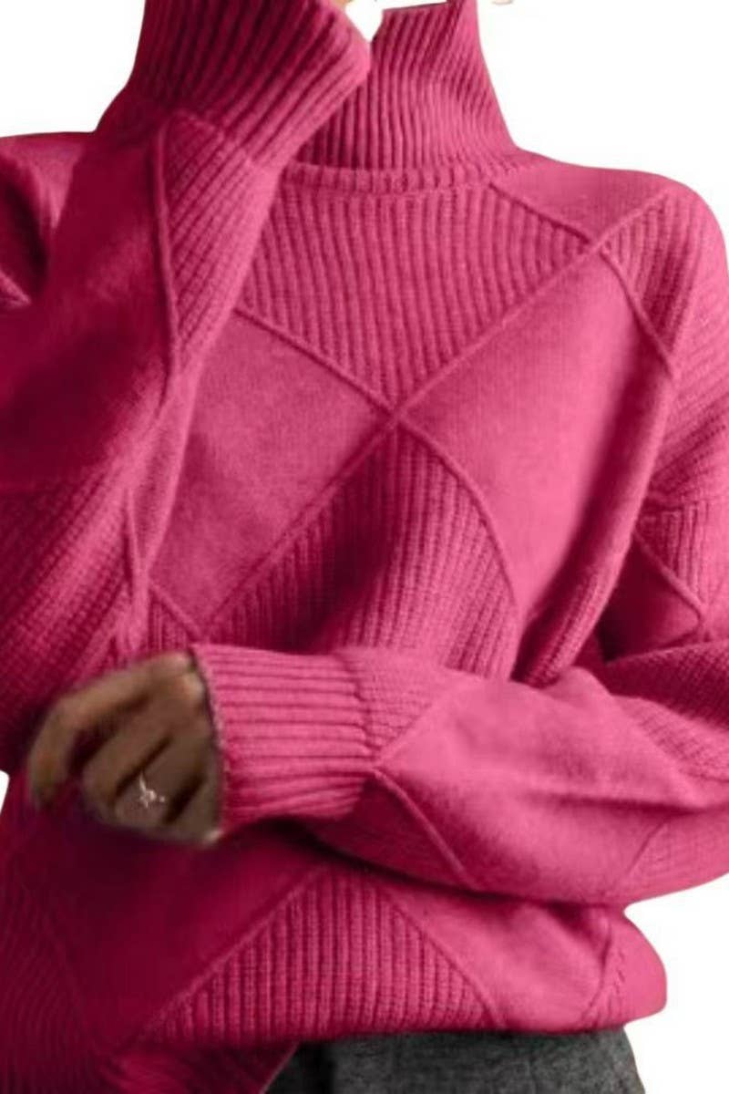 CWOSWL07650_SOLID COLOR HIGH COLLAR DIAMOND CHECK SWEATER