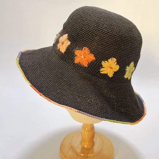 Foldable Handmade Crochet Embroidered Straw Hat_CWAH3589