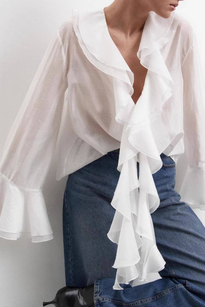 CWTBLL555_SOLID COLOR V-NECK RUFFLED LACE-UP SHIRT