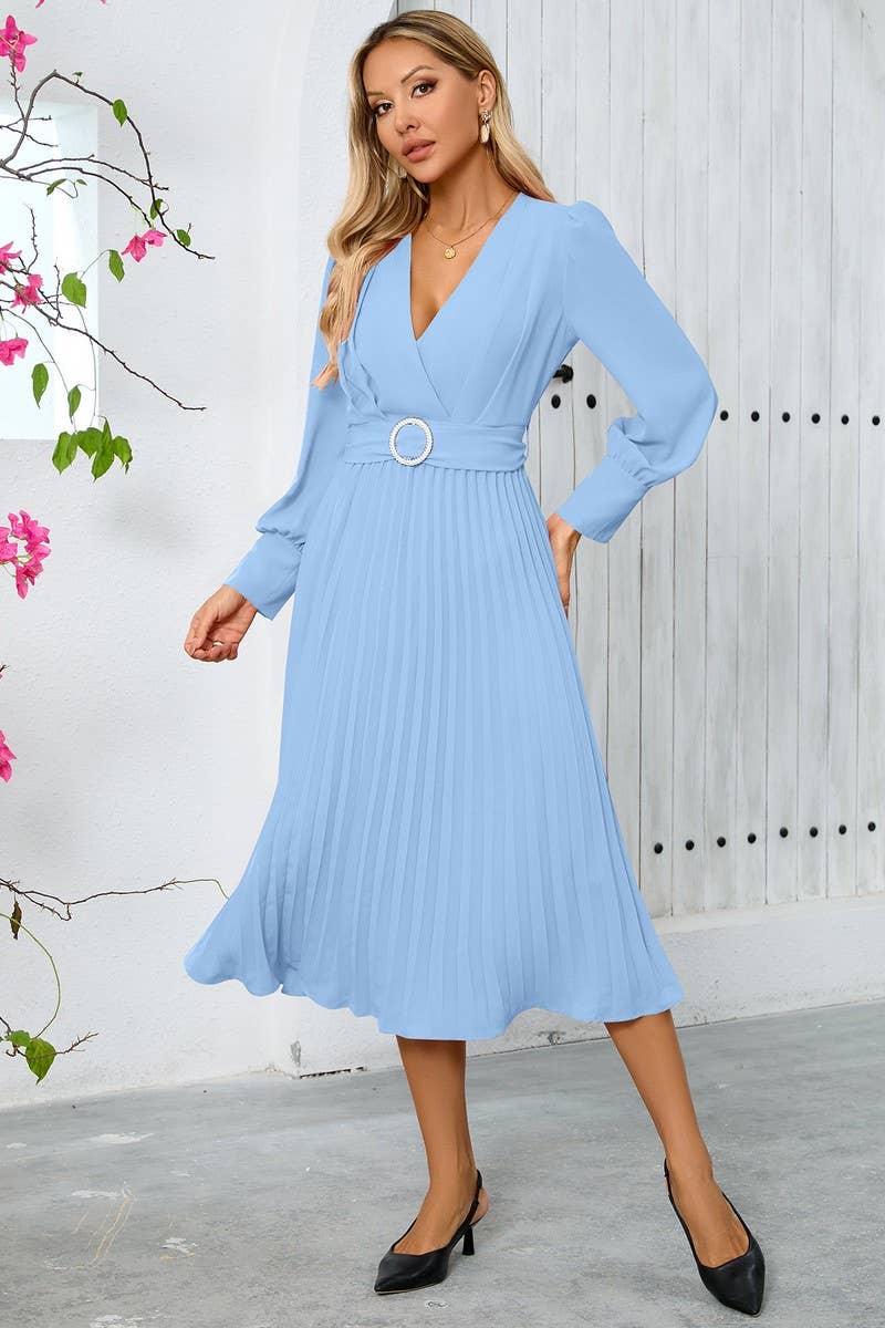 CWDMD3997_V-NECK PLEATED BELTED A-LINE MAXI DRESS