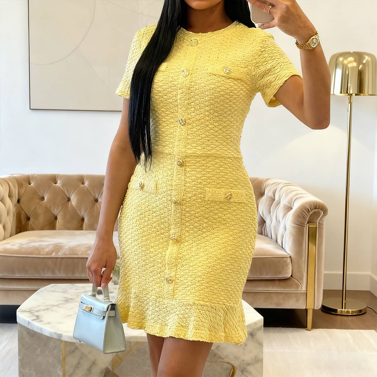 Elegant button short-sleeved long dress