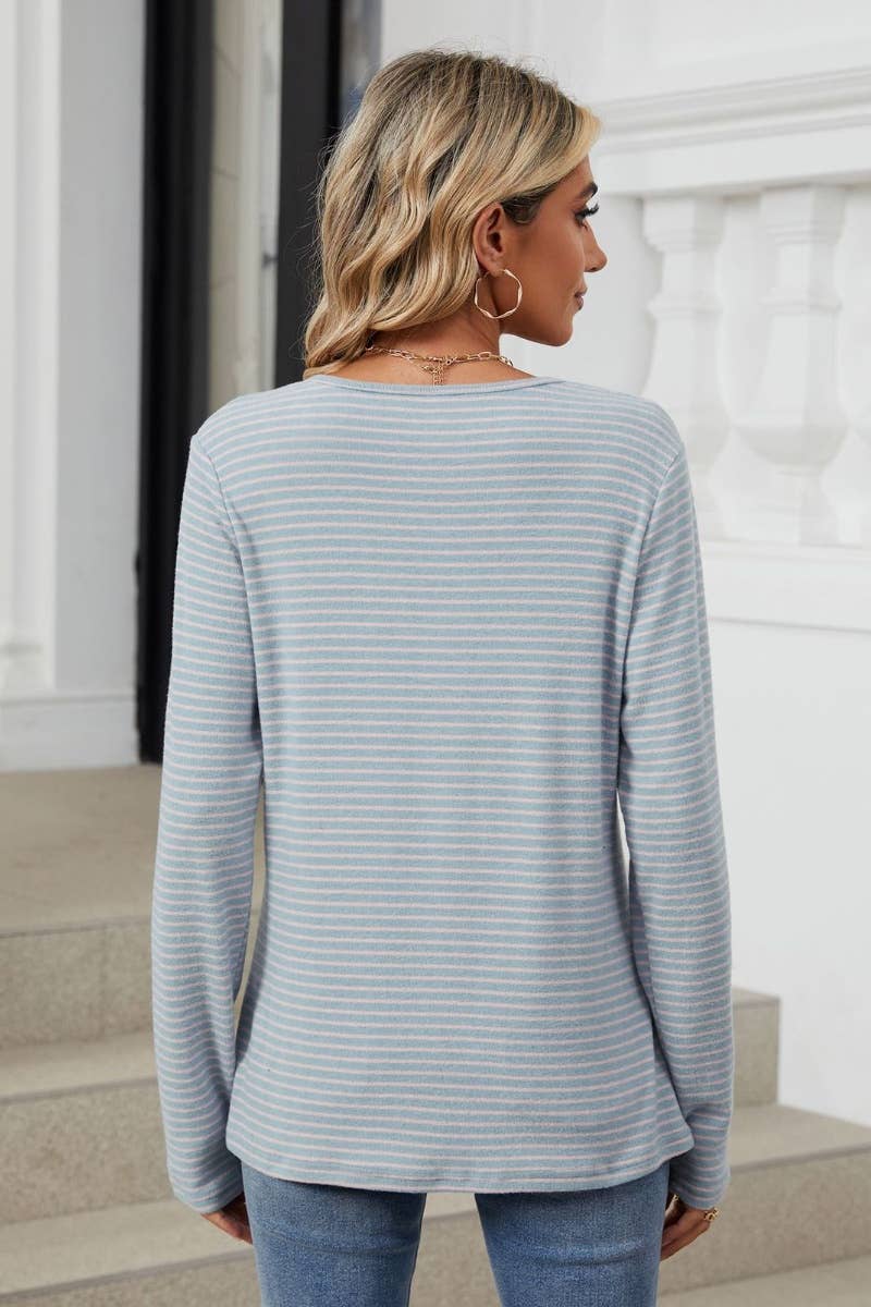 CWTBLL1890_CREW-NECK BUTTON-UP LONG-SLEEVED STRIPED TOP