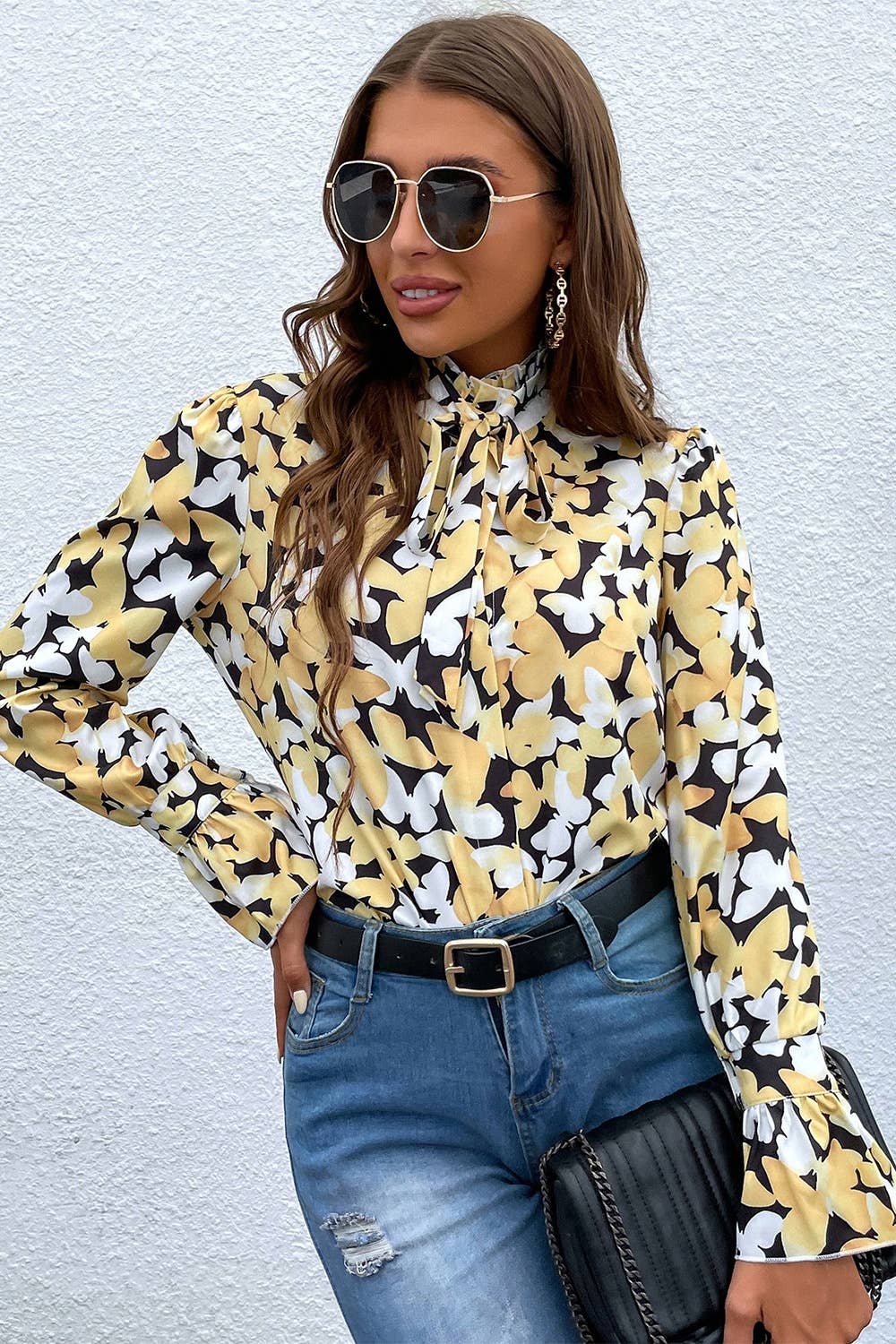 Butterfly print stand-up collar lace-up shirt