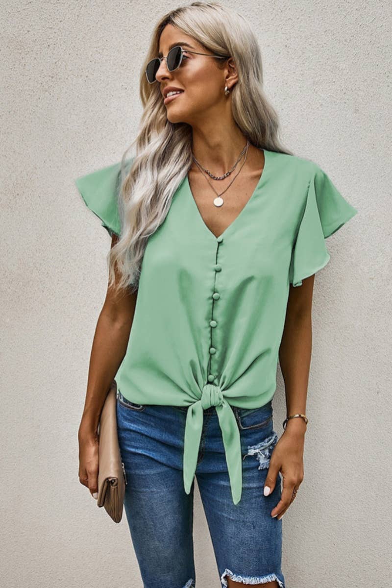 CWTBLS1332_CASUAL V-NECK SHORT SLEEVE SOLID COLOR TIED TOP