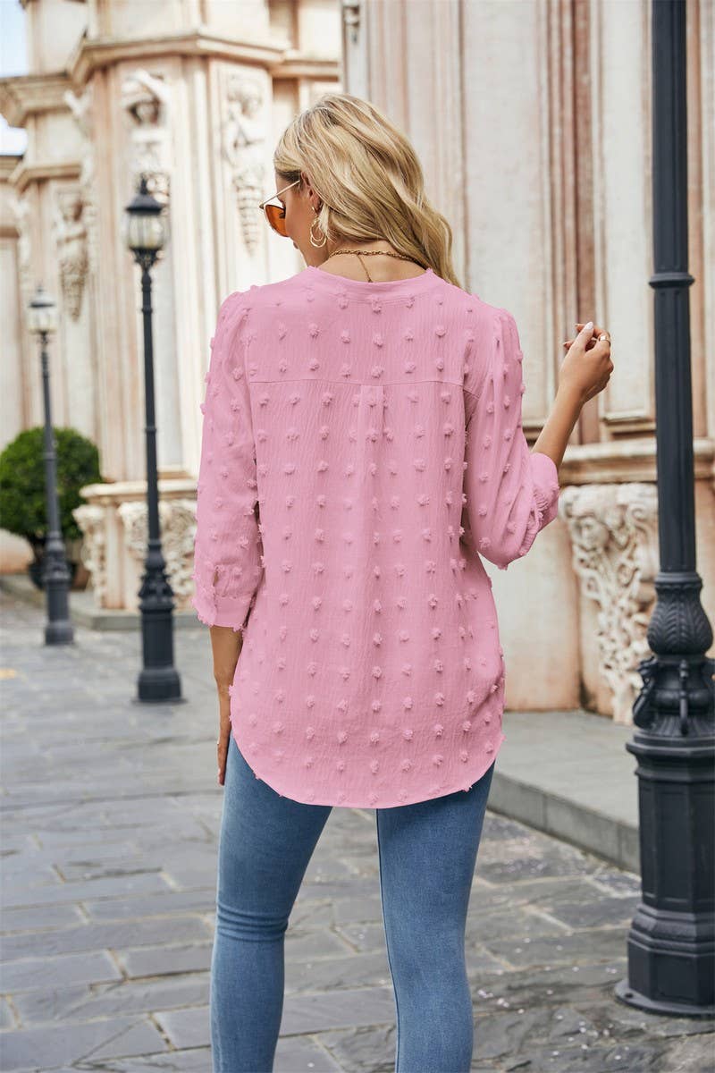 CWTBLL0802_FUR BALL CASUAL CHIFFON MID SLEEVE TOP