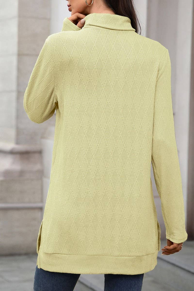 CWTBLL01289_HIGH NECK SOLID KNIT SPLIT HEM LONG SLEEVE TOP