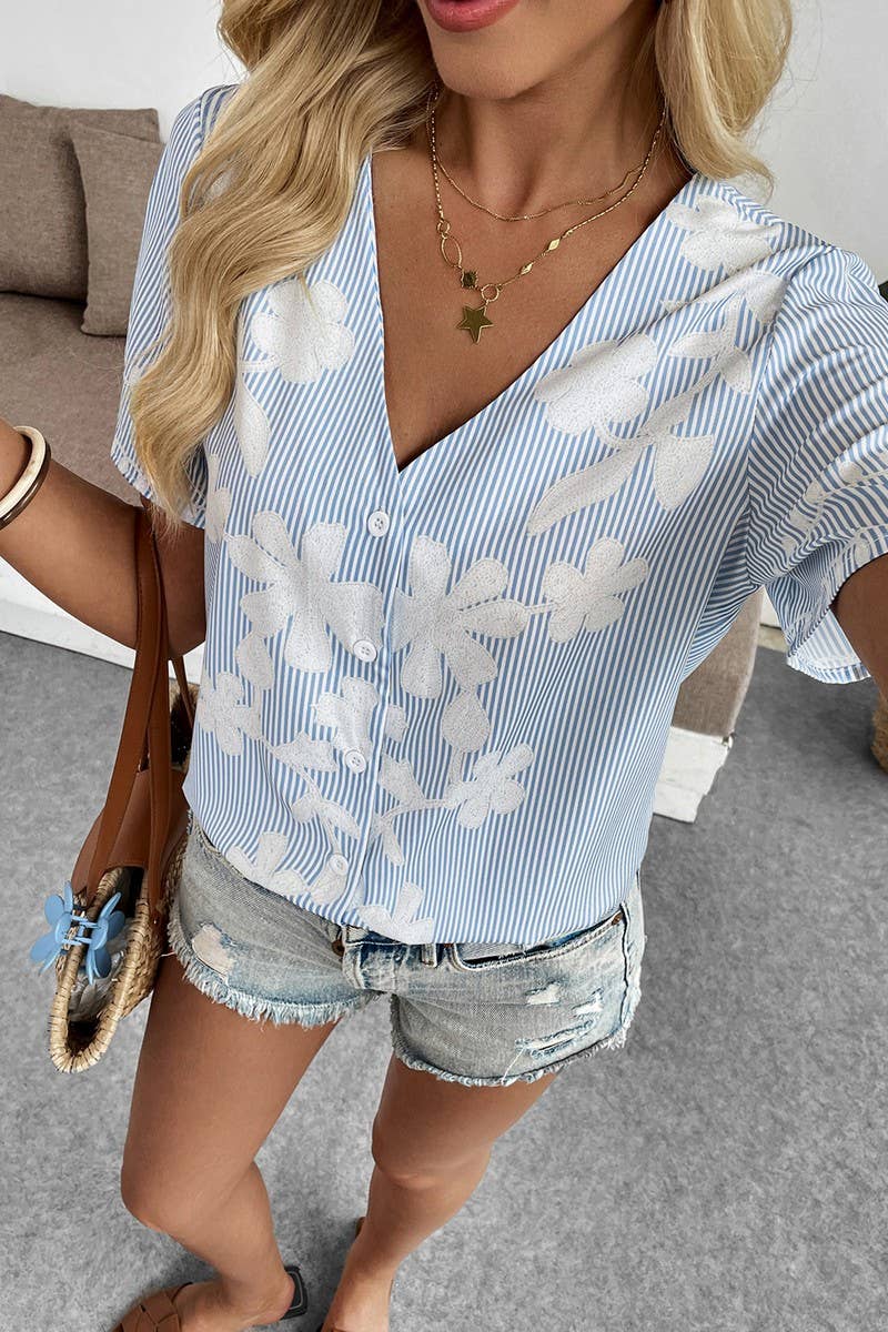 CWTBLS2291_V-NECK LOOSE FIT PRINTED SHORT SLEEVE TOP