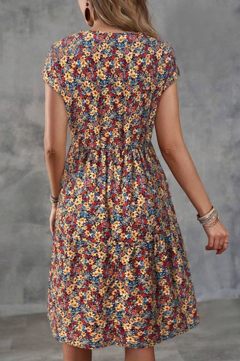 CWDSD8379_PRINTED ELASTIC WAIST SHORT SLEEVE DRESS