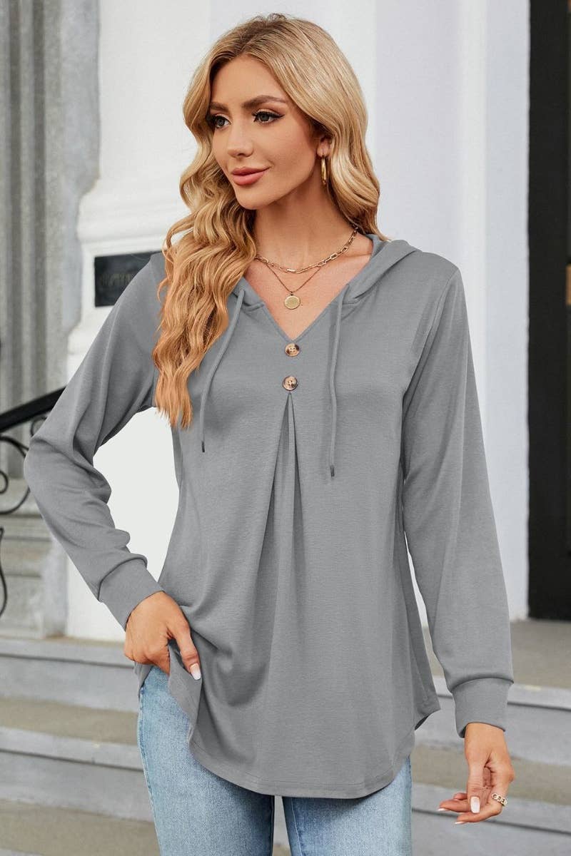 CWTBLL2682_SOLID COLOR DRAWSTRING LONG-SLEEVED HOODED TOP