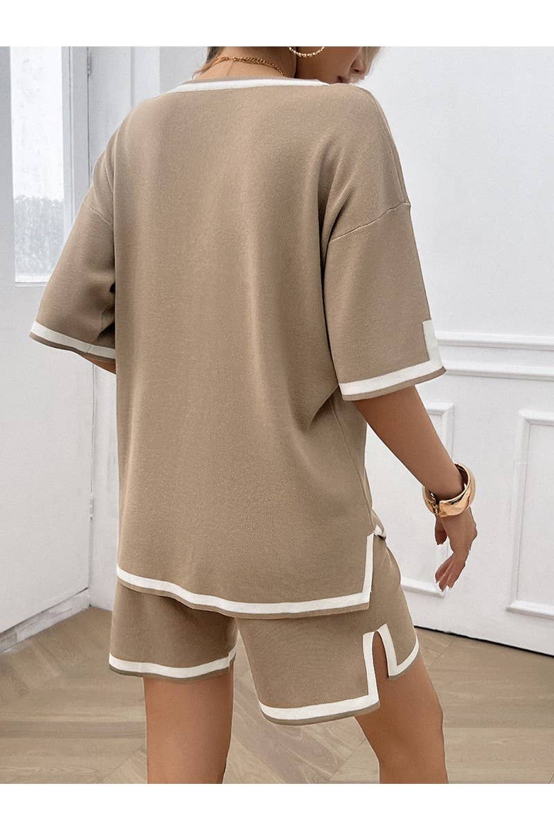 CWSTB0665_CASUAL LOOSE V-NECK SHORT SLEEVED SHORTS KNIT SET