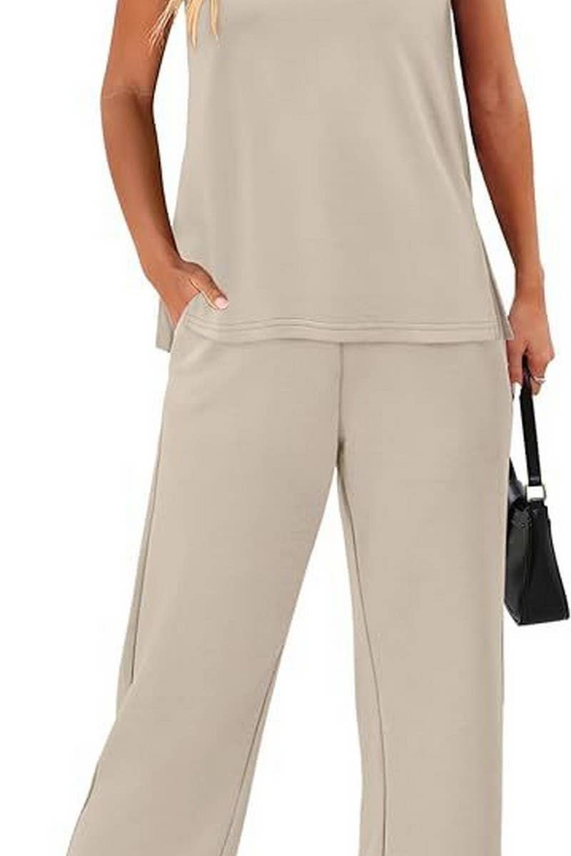 CWSS01304_SUMMER V-NECK VEST CASUAL PANTS MATCHING SET