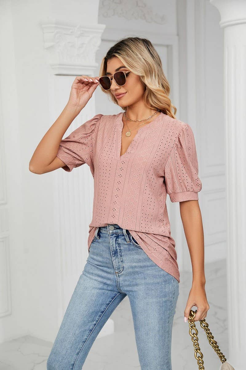 CWTSTS0358_V-Neck Short Sleeve Knit Top