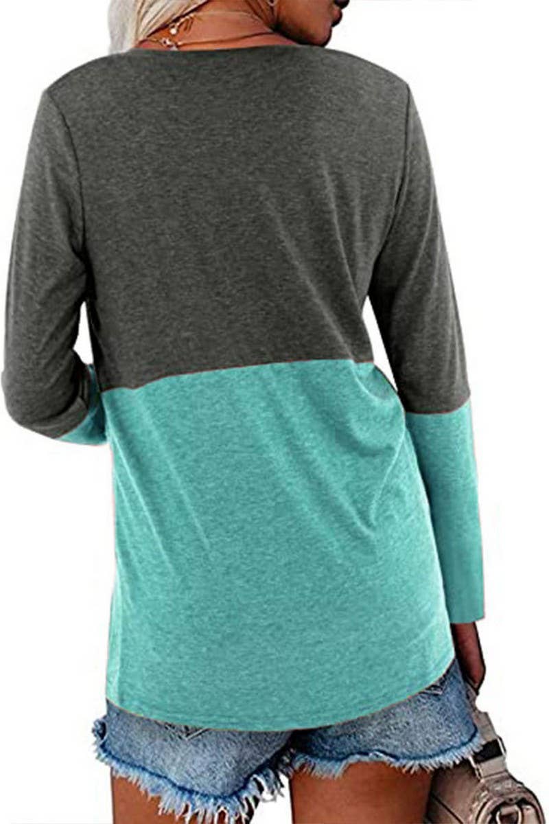 CWTBLL3689_CONTRAST COLOR V-NECK LONG-SLEEVED LOOSE TOP