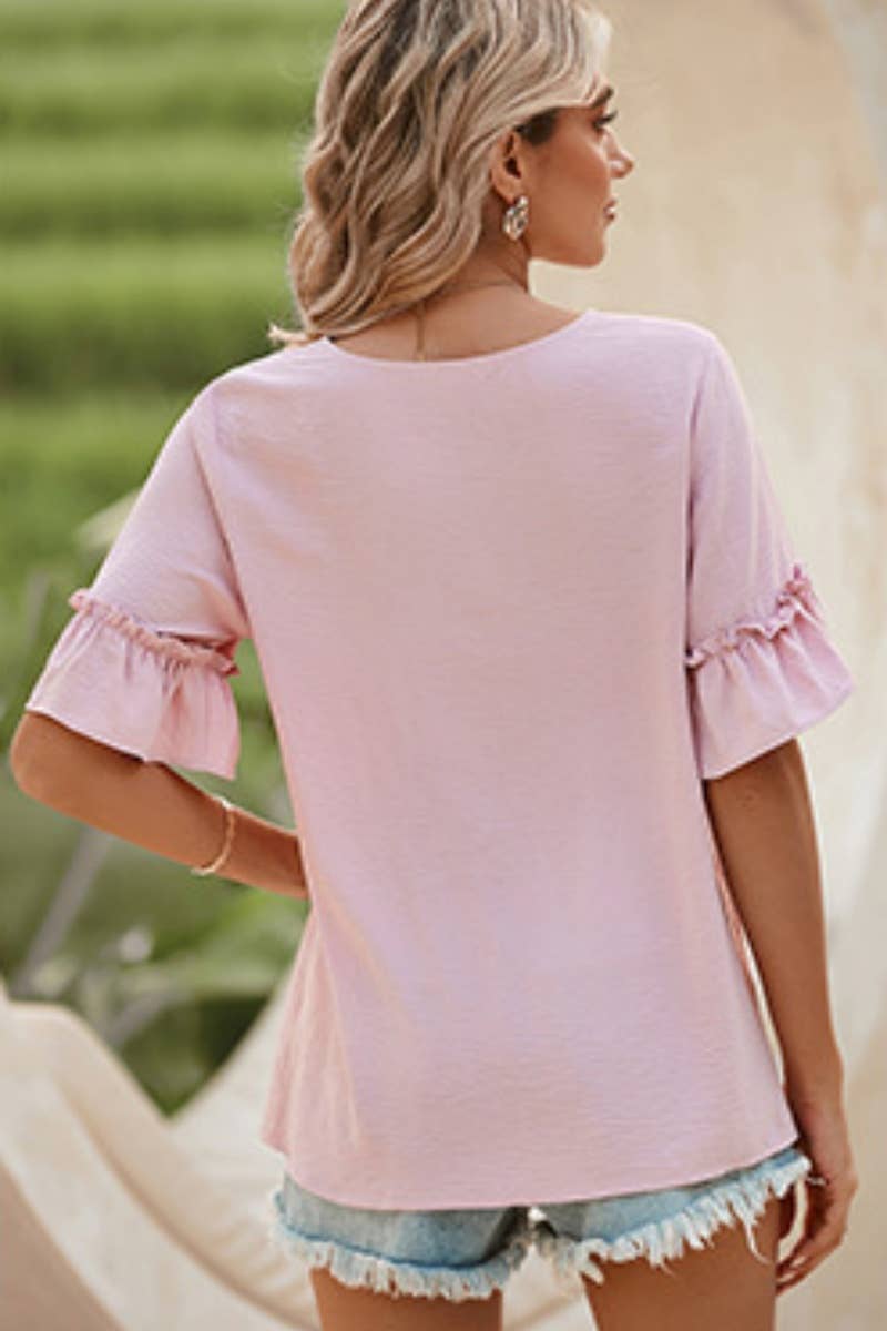 CWTBLS1391_SUMMER CASUAL V MID-SLEEVE COLLAR RUFFLED TOP