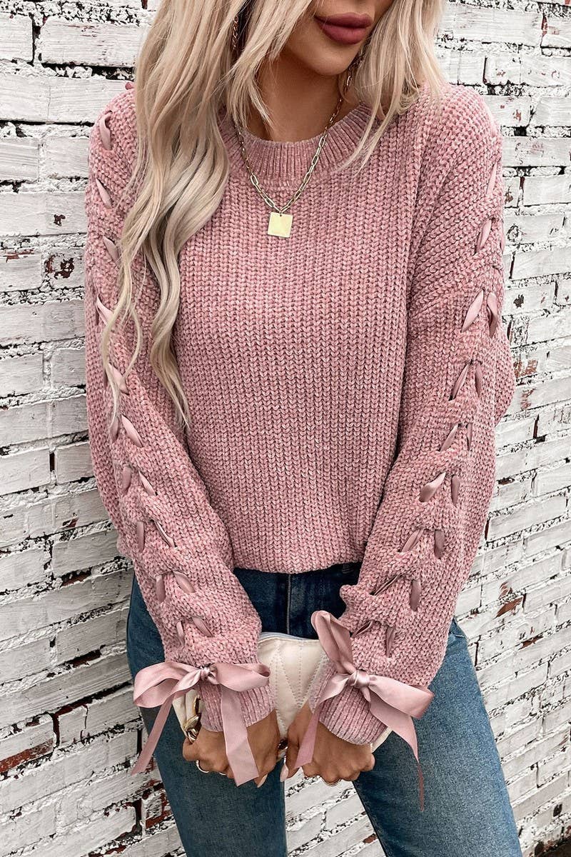 CWOSWL2908_SOLID COLOR BOW PULLOVER KNITTED SWEATER