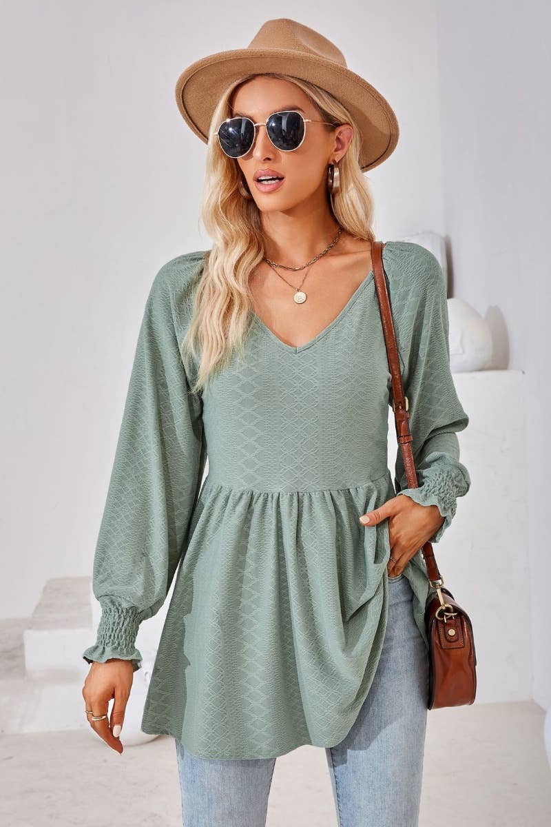 CWTBLL2817_SOLID COLOR PATCHWORK LONG-SLEEVED TUNIC