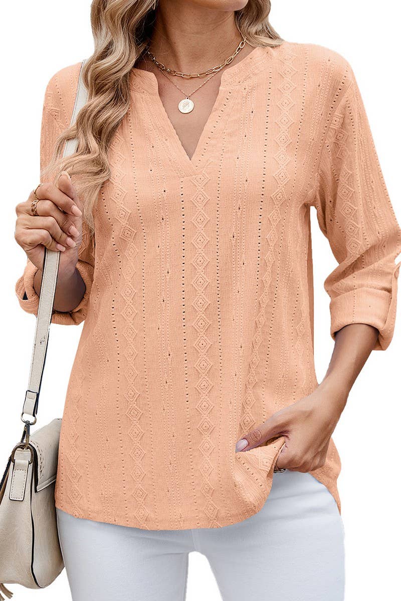 CWTTS1337_SUMMER V-NECK THREE-QUARTER SLEEVE BUTTON T-SHIRT