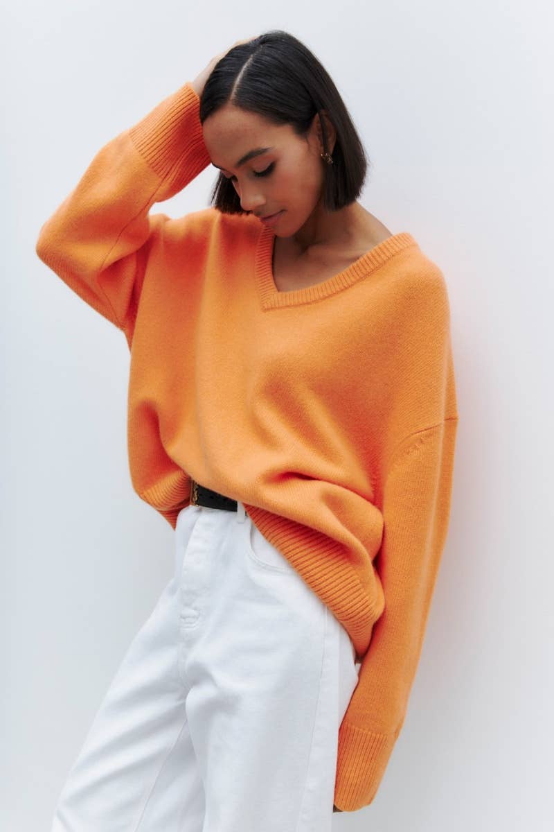 CWOSWL6632_SOLID COLOR V-NECK LONG-SLEEVED SWEATER