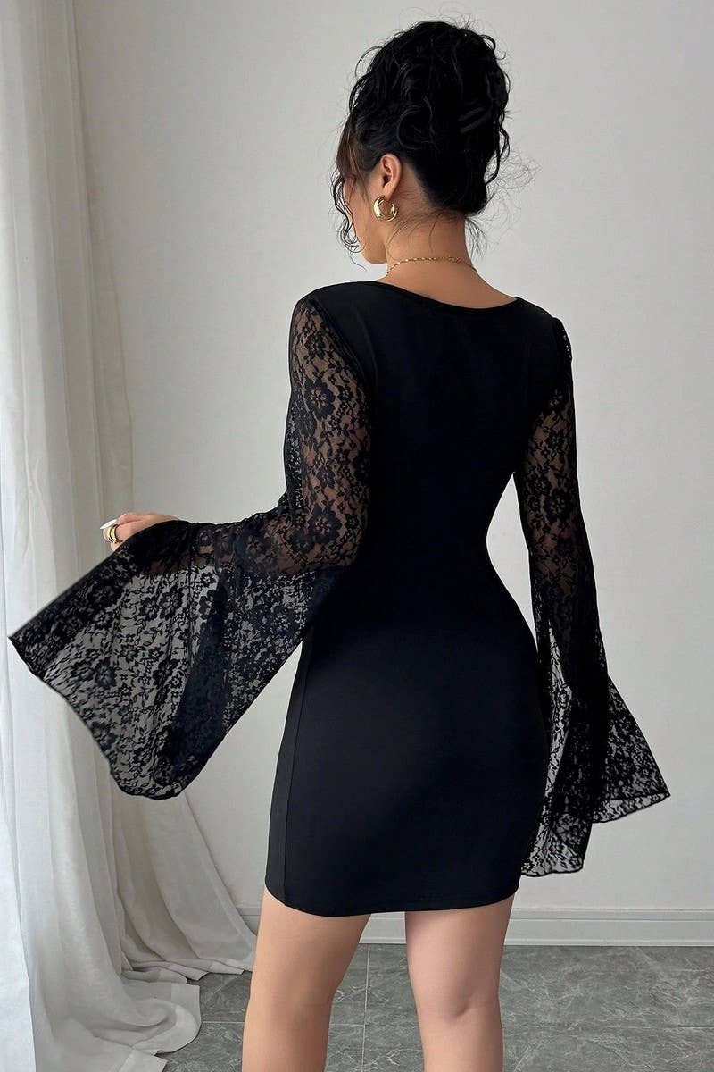 CWDSD10557_BELL SLEEVE SLIT LACE PANEL SQUARE NECK HIP DRESS