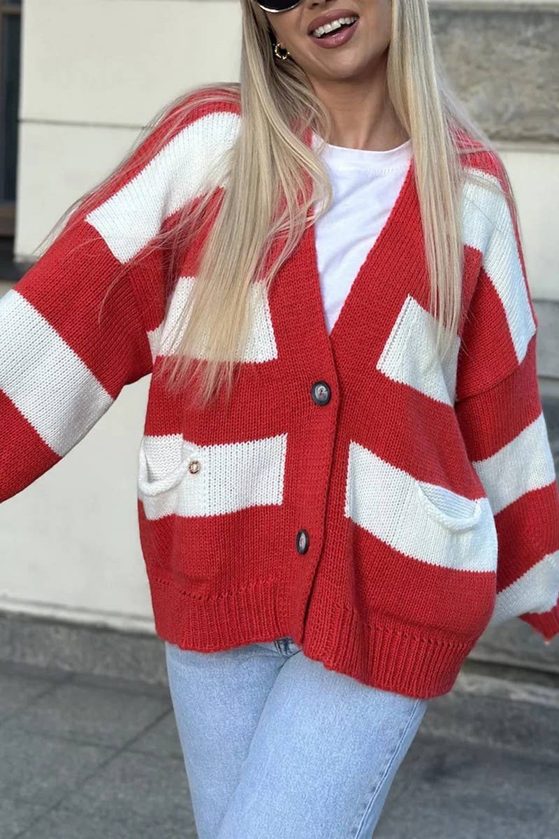 Color contrast striped loose sweater cardigan