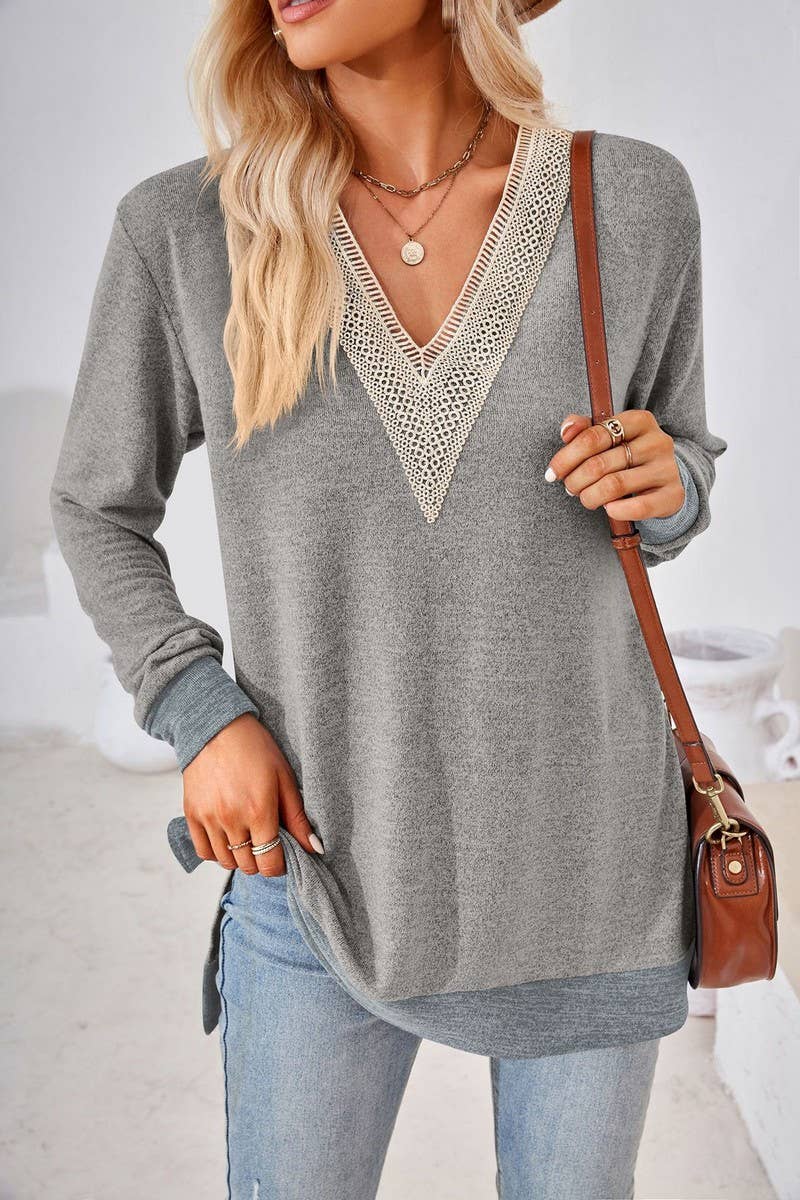 CWTBLL3660_AUTUMN NEW V-NECK LACE SOLID COLOR LOOSE T-SHIRT