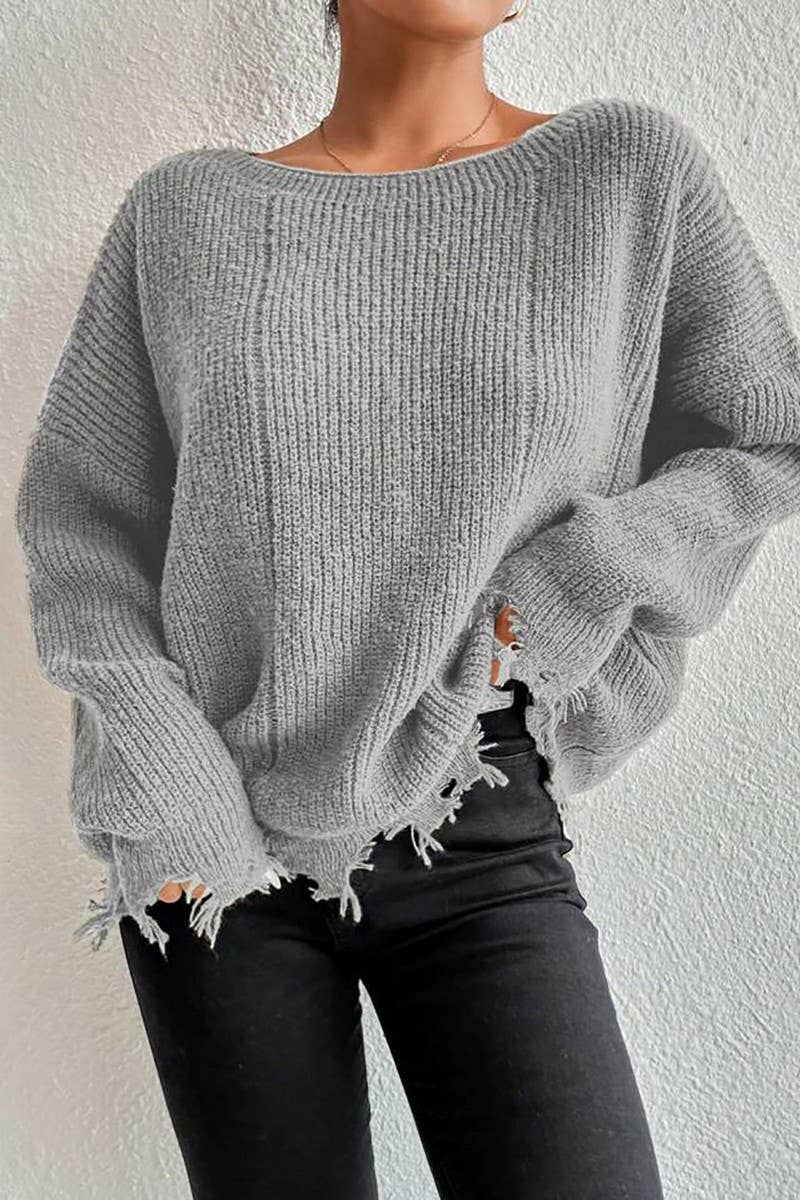 CWOSWL07632_LOOSE-FITTING DISTRESSED RAW-EDGE KNIT TOP