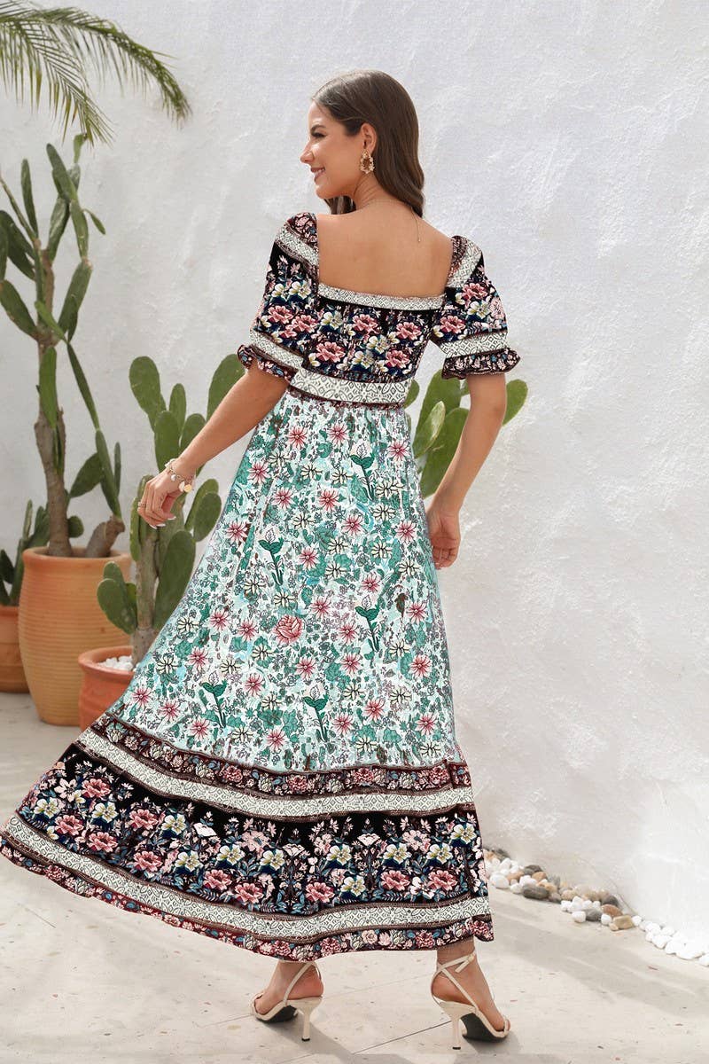 CWDMD2149_PRINTED ONE SHOULDER PUFF SLEEVE MIDI DRESS