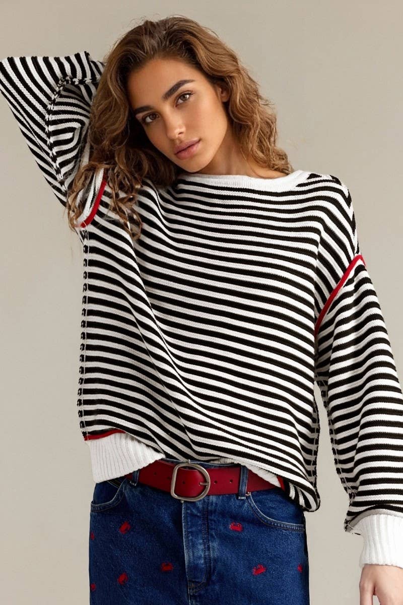 CWOSWL6946_STRIPED CREWNECK KNIT PULLOVER SWEATER