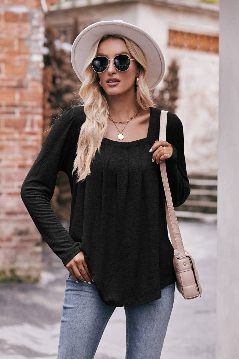 CWTBLL2738_SQUARE-NECK PLEATED LONG-SLEEVED TOP