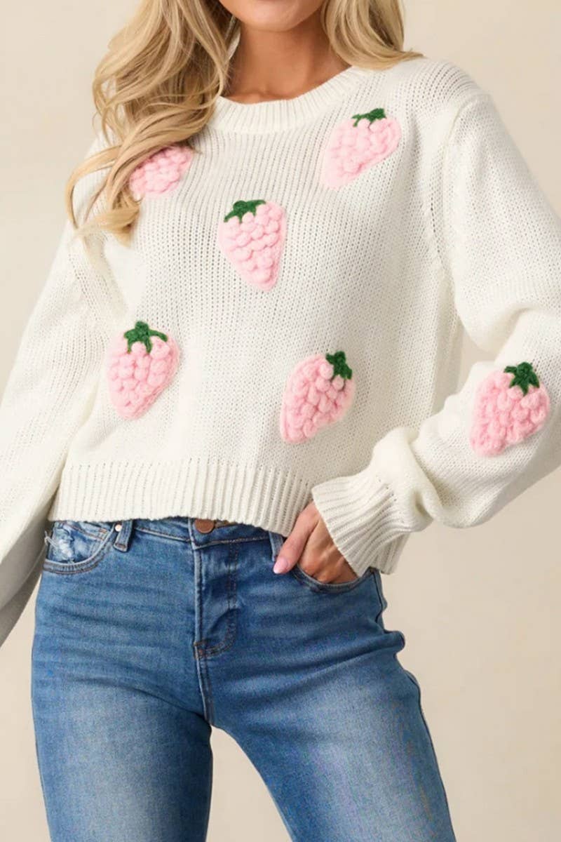 CWOSWL6959_3D STRAWBERRY APPLIQUE ELEGANT PULLOVER SWEATER